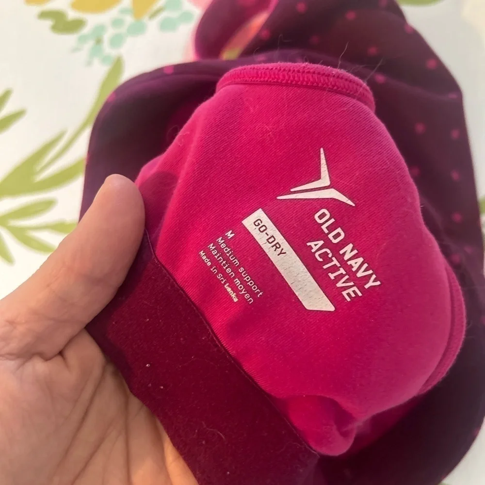 Old Navy active go dry, medium burgundy, pink polkadot, sports bra